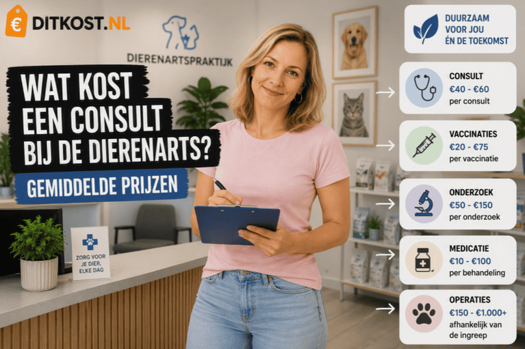 Persoon staat in de ontvangstruimte van een dierenartspraktijk met een klembord in de hand. De afbeelding toont de gemiddelde prijzen voor een consult bij de dierenarts en aanvullende behandelingen.