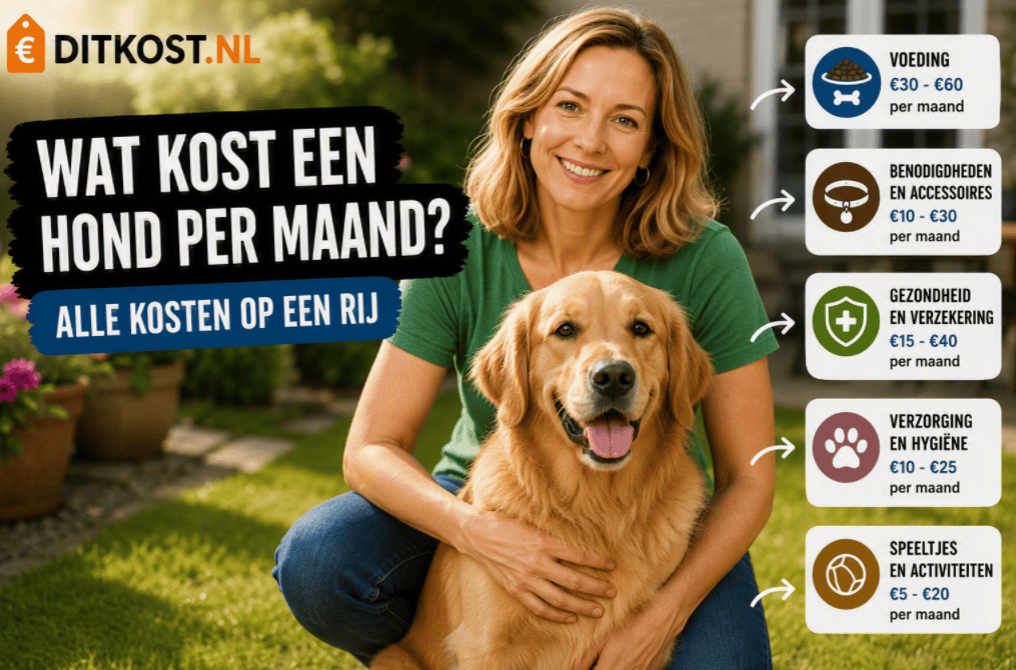 Sanne met een golden retriever in de tuin bij een overzicht van de kosten van een hond per maand.