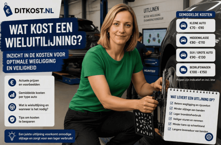 Sanne voert in een autogarage een wieluitlijning uit aan een auto met professionele uitlijnapparatuur terwijl op de achtergrond een uitlijnstation zichtbaar is.