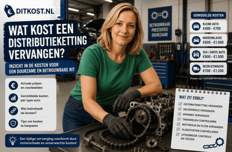 Sanne staat op een andere plek in de autogarage aan een werkbank en werkt met een distributieketting en motoronderdelen die klaar liggen voor montage of vervanging.