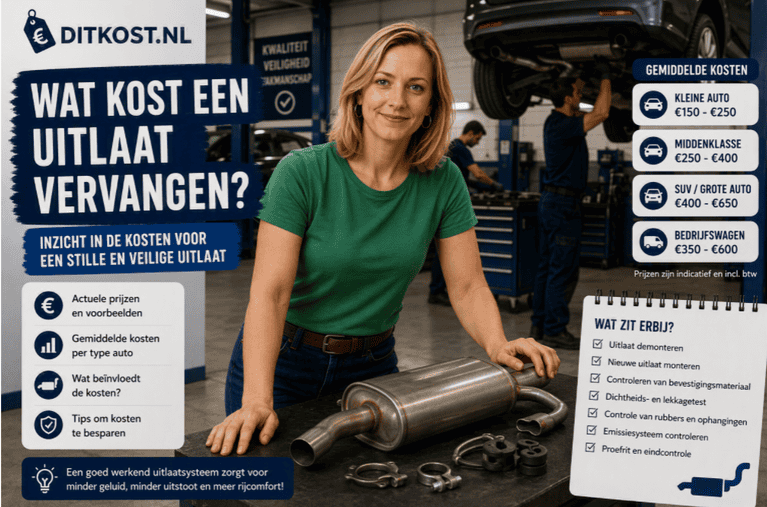 Sanne staat in een autogarage achter een werkbank met een nieuwe uitlaat, terwijl monteurs op de achtergrond aan auto’s op hefbruggen werken.