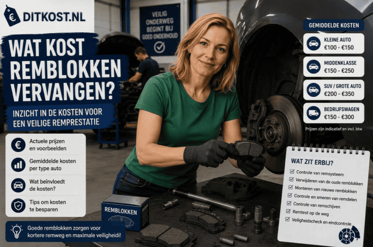 Sanne vervangt remblokken bij een auto op een hefbrug in een professionele autogarage. Op de achtergrond is een monteur bezig met onderhoudswerkzaamheden aan een ander voertuig.