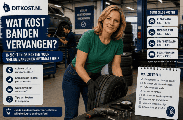 Sanne staat in een autogarage bij een nieuwe autoband, terwijl op de achtergrond een monteur een band van een auto vervangt.