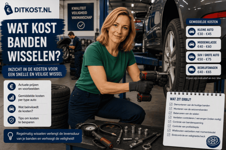 Sanne wisselt een autoband in een professionele autogarage en staat in een andere houding naast een voertuig op een hefbrug, terwijl op de achtergrond monteurs bezig zijn met seizoenswissels van banden.