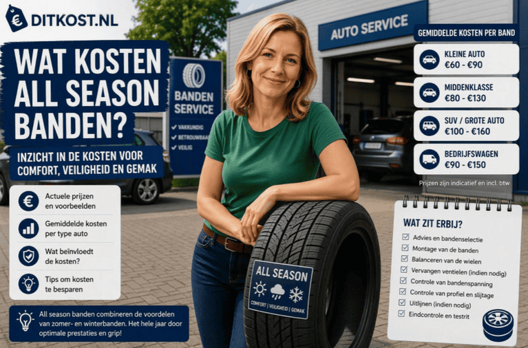 Sanne staat buiten bij een autogarage met een all-seasonband, terwijl auto’s en de open werkplaats op de achtergrond zichtbaar zijn.