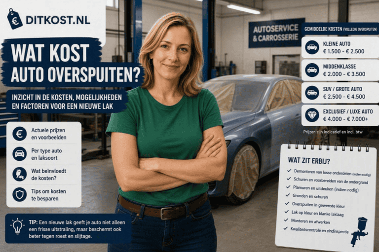Sanne staat met gekruiste armen in een autogarage, met op de achtergrond een afgeplakte auto die wordt voorbereid op overspuiten.