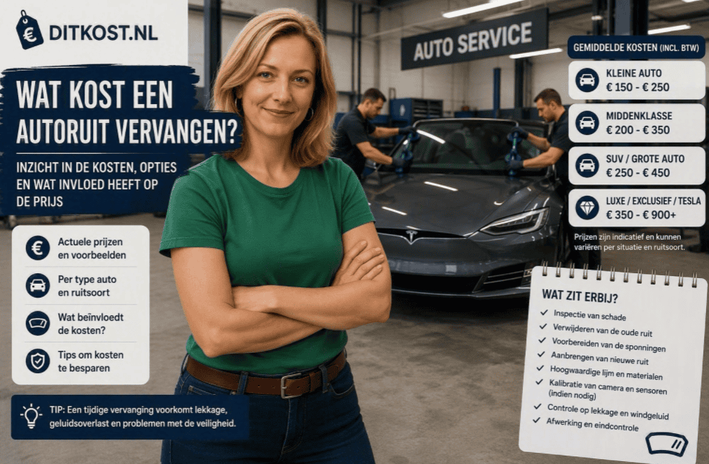 Sanne staat in een autogarage, terwijl twee monteurs op de achtergrond de voorruit van een Tesla vervangen.