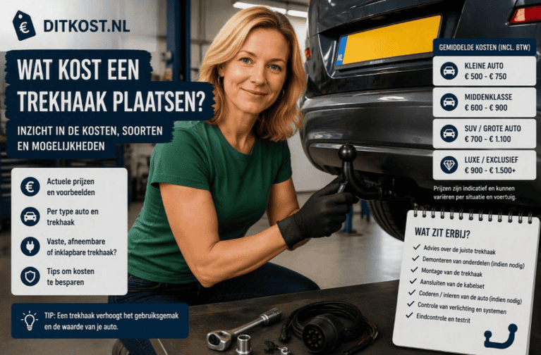 Sanne monteert zelf een trekhaak onder een auto in een professionele autogarage, met gereedschap en een kabelset op de voorgrond.