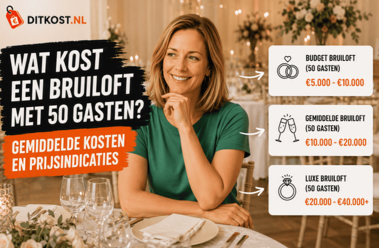 Wat kost een bruiloft met 50 gasten? Overzicht van gemiddelde trouwkosten met prijsindicaties voor een budget-, gemiddelde- en luxe bruiloft.