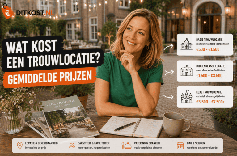 Wat kost een trouwlocatie? Overzicht van gemiddelde prijzen voor een basis-, middenklasse- en luxe trouwlocatie.
