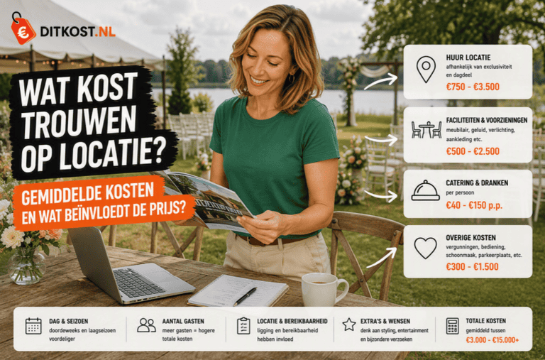 Wat kost trouwen op locatie? Overzicht van de kosten voor locatiehuur, faciliteiten, catering en aanvullende diensten op een buitenlocatie.