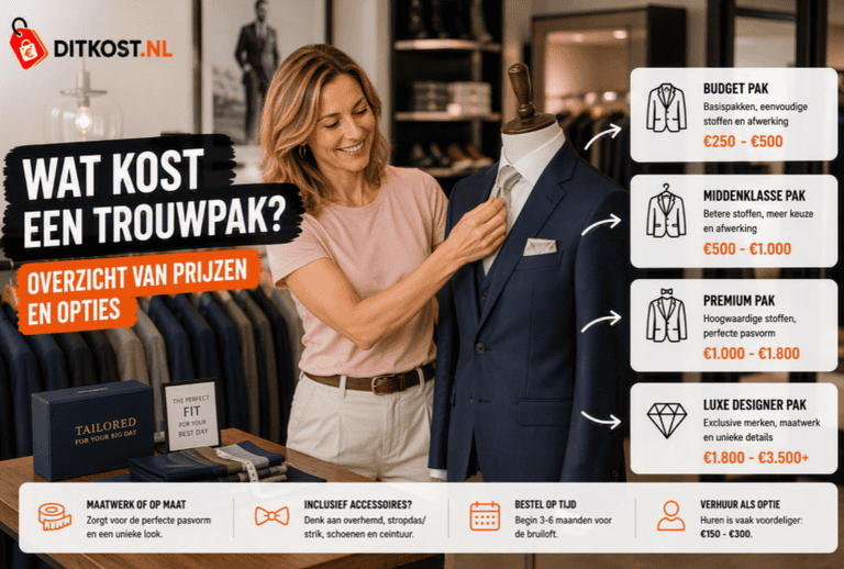Wat kost een trouwpak? Overzicht van gemiddelde prijzen voor budget-, middenklasse-, premium- en luxe designer trouwpakken.