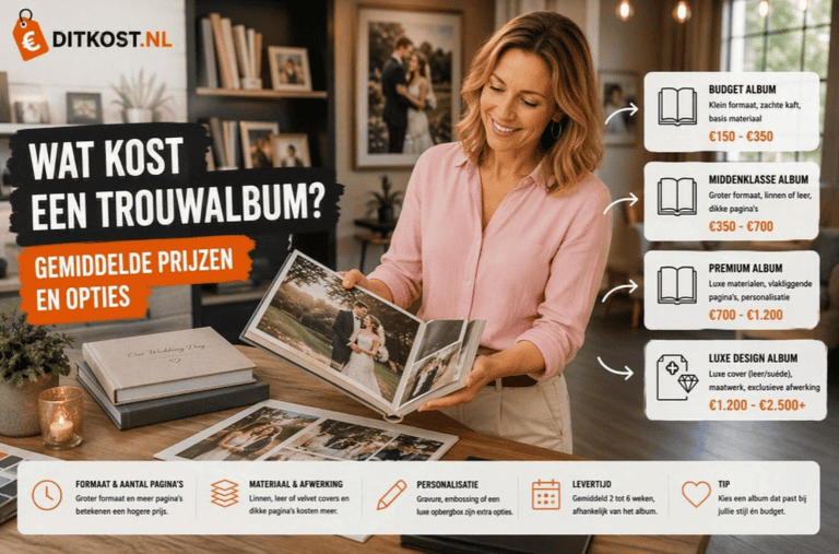 Wat kost een trouwalbum? Overzicht van gemiddelde prijzen voor budget-, middenklasse-, premium- en luxe design trouwalbums.