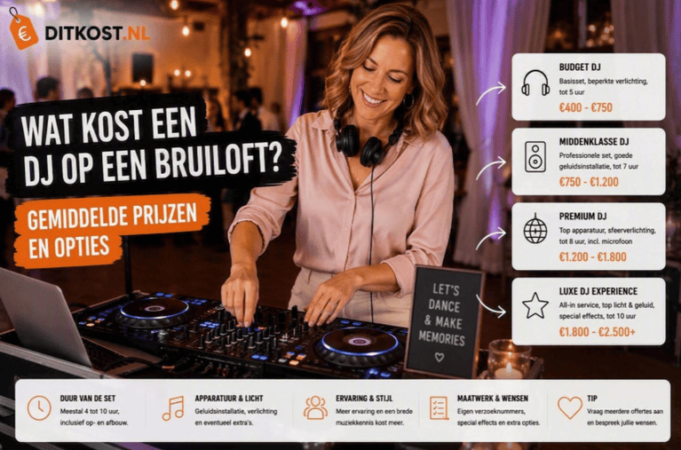 Wat kost een DJ op een bruiloft? Overzicht van gemiddelde prijzen voor budget-, middenklasse-, premium- en luxe bruilofts-dj's.