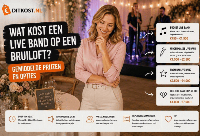 Wat kost een live band op een bruiloft? Overzicht van gemiddelde prijzen voor budget-, middenklasse-, premium- en luxe live bands voor een bruiloft.