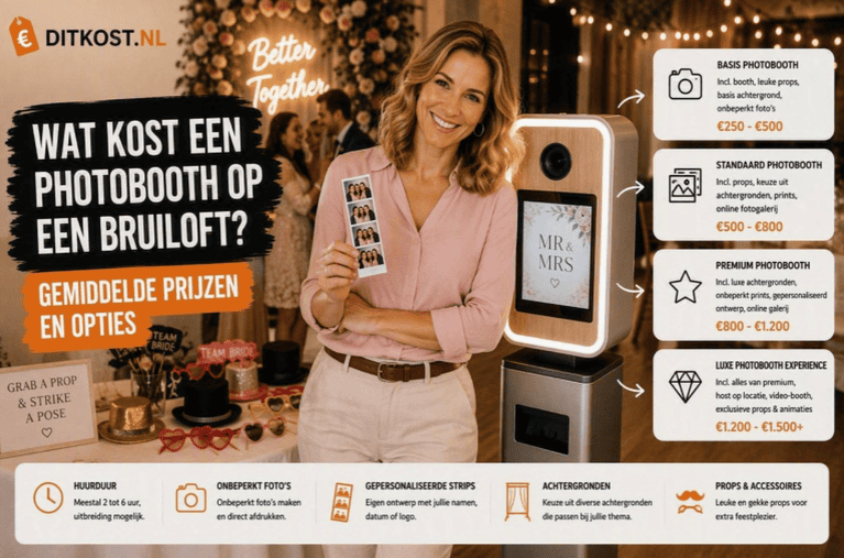 Wat kost een photobooth op een bruiloft? Overzicht van gemiddelde prijzen voor een basis, standaard, premium en luxe photobooth inclusief prints en accessoires.