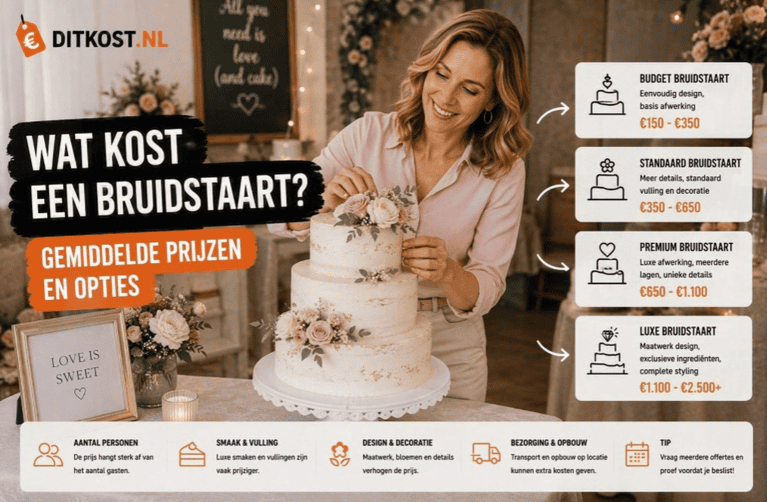 Wat kost een bruidstaart? Overzicht van gemiddelde prijzen voor budget-, standaard-, premium- en luxe bruidstaarten.