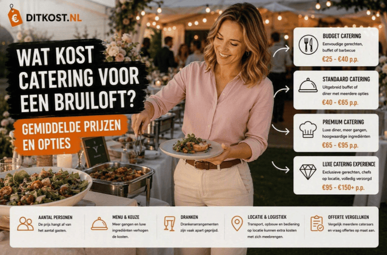 Wat kost catering voor een bruiloft? Overzicht van gemiddelde cateringprijzen per persoon voor budget-, standaard-, premium- en luxe catering.