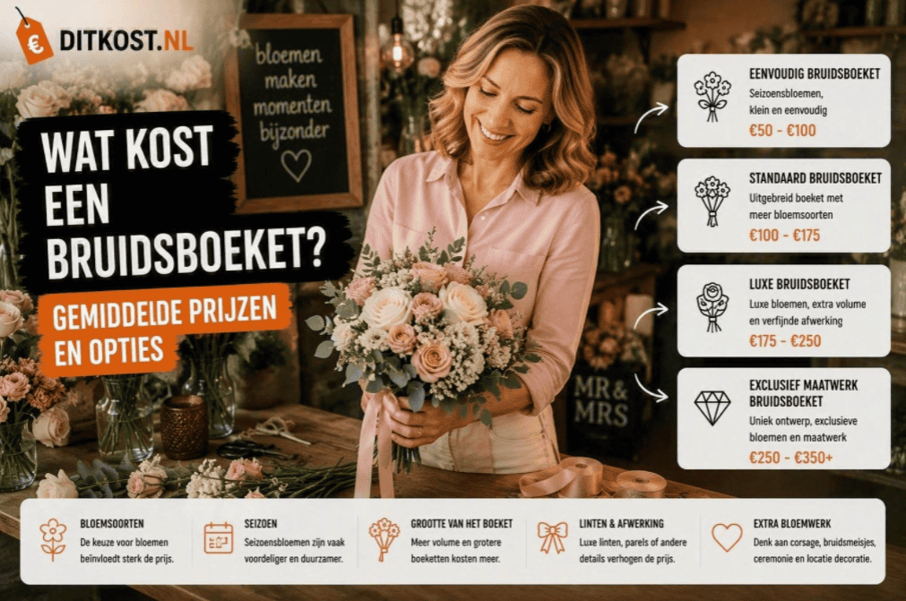 Wat kost een bruidsboeket? Overzicht van gemiddelde prijzen voor een eenvoudig, standaard, luxe en exclusief bruidsboeket.