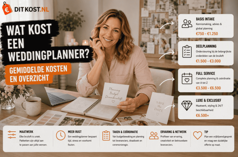 Wat kost een weddingplanner? Overzicht van de gemiddelde kosten van een weddingplanner met verschillende pakketten en prijsindicaties voor bruidsparen.