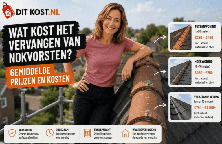 Wat kost het vervangen van nokvorsten? Informatieve afbeelding met een daknok op de voorgrond, indicatieve prijzen voor het vervangen van nokvorsten en een realistische dakomgeving.
