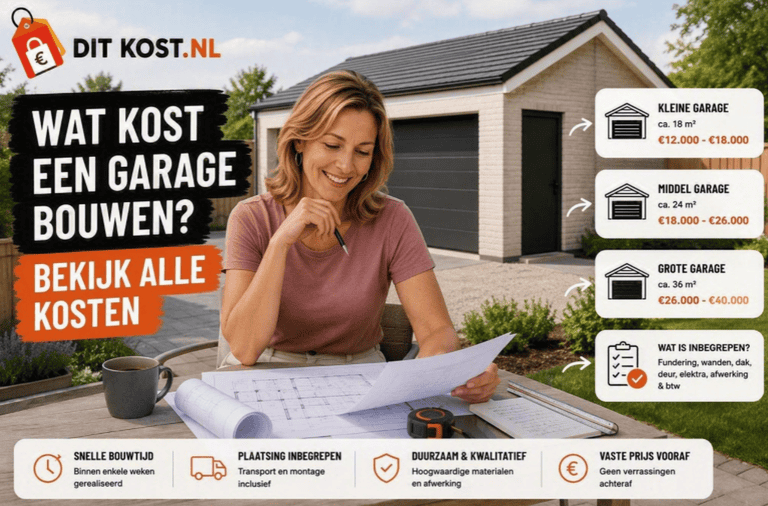 Wat kost een garage bouwen? Overzichtsafbeelding van een vrijstaande garage met indicatieve kosten voor een kleine, middelgrote en grote garage.