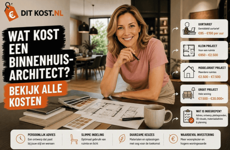Wat kost een binnenhuisarchitect? Overzichtsafbeelding van een interieuradviestraject met ontwerptekeningen, kleurstalen en indicatieve kosten voor verschillende soorten projecten.