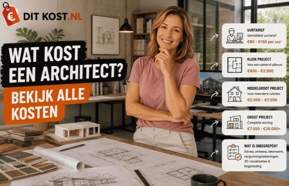Wat kost een architect? Sanne staat in een architectenbureau bij bouwtekeningen, materiaalstalen en een schaalmodel, met rechts indicatieve architectkosten.
