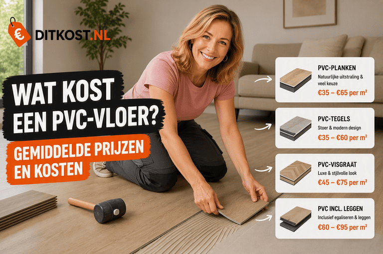 Sanne legt een houtlook pvc-vloer in een moderne woonkamer met een overzicht van de gemiddelde prijzen en kosten per m².