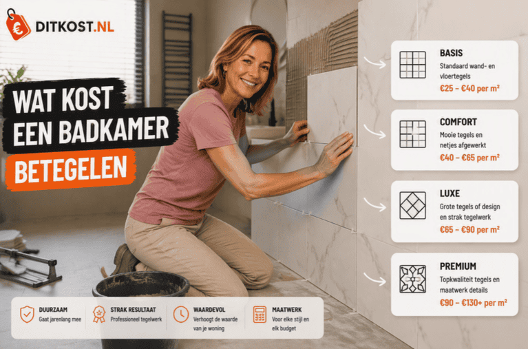 Wat kost een badkamer betegelen? Sanne plaatst wandtegels in een badkamer, met rechts indicatieve prijzen per vierkante meter voor verschillende afwerkingsniveaus.