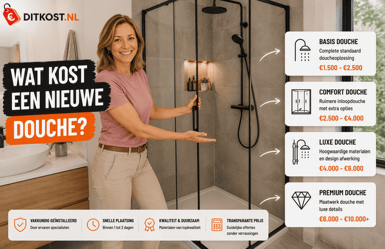 Wat kost een nieuwe douche? Afbeelding met Ditkost.nl-logo, een persoon die naast een moderne inloopdouche staat en indicatieve kosten voor verschillende douche-uitvoeringen.