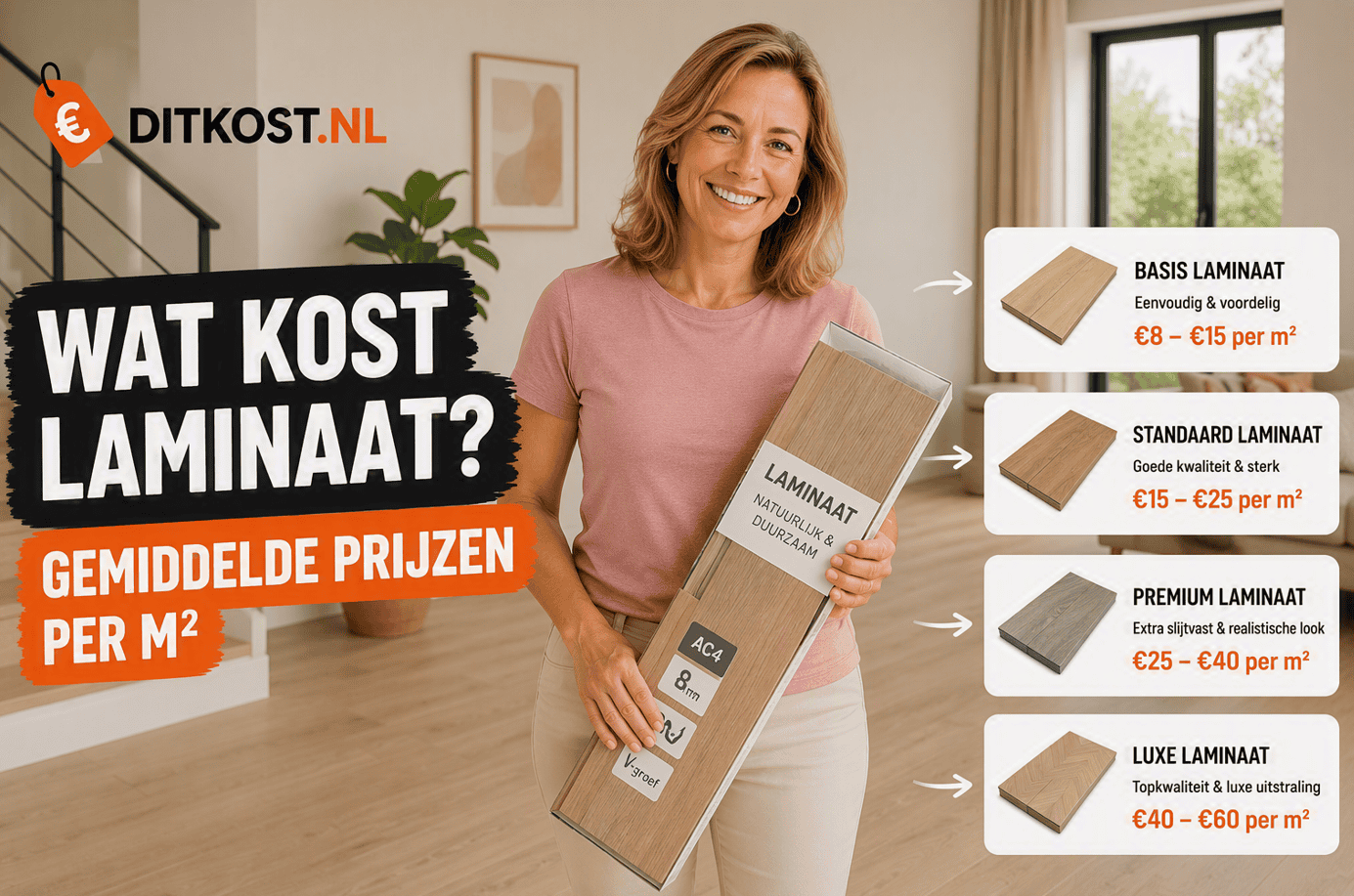 Persoon houdt een pak laminaat vast in een woonkamer met een overzicht van de gemiddelde laminaatprijzen per vierkante meter.