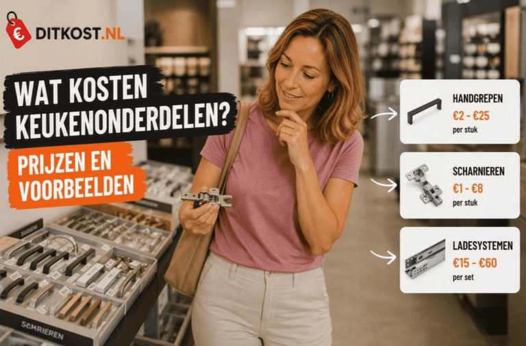 Wat kosten keukenonderdelen? Overzicht van indicatieve prijzen voor handgrepen, scharnieren en ladesystemen in een winkel met keukenbeslag.