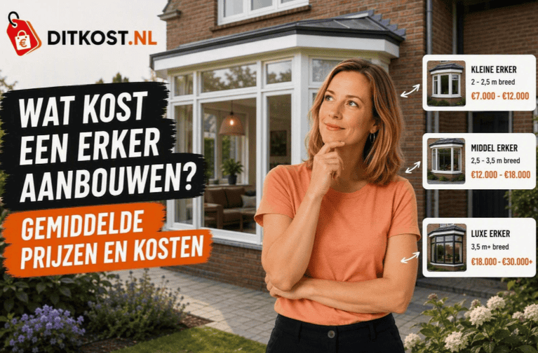 Wat kost een erker aanbouwen? Presentator voor een realistische woning met erker, met prijsindicaties voor een kleine, middelgrote en luxe erker.