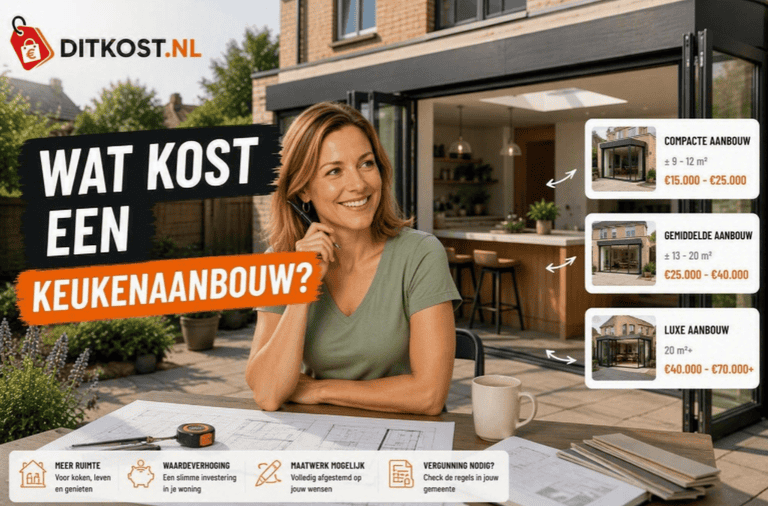 Wat kost een keukenaanbouw? Persoon zittend aan een tuintafel met bouwtekeningen voor een woning met moderne keukenaanbouw, inclusief prijsindicaties voor verschillende formaten.