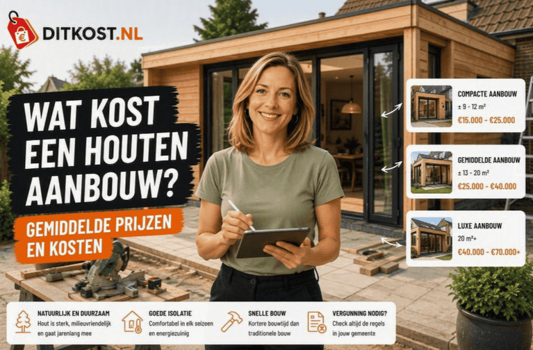 Wat kost een houten aanbouw? Persoon met tablet op een bouwlocatie voor een moderne houten aanbouw, met prijsindicaties voor drie formaten.
