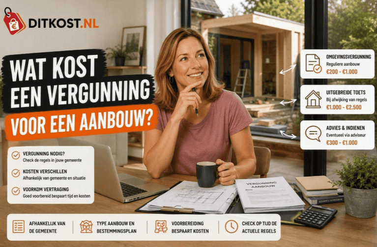 Wat kost een vergunning voor een aanbouw? Persoon aan tafel met vergunningsdocumenten, laptop en bouwtekeningen, met op de achtergrond een aanbouw in aanbouw en prijsindicaties voor vergunningstrajecten.