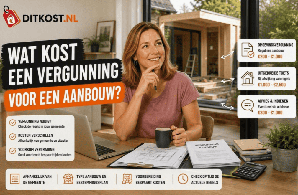 Wat kost een vergunning voor een aanbouw? Persoon aan tafel met vergunningsdocumenten, laptop en bouwtekeningen, met op de achtergrond een aanbouw in aanbouw en prijsindicaties voor vergunningstrajecten.