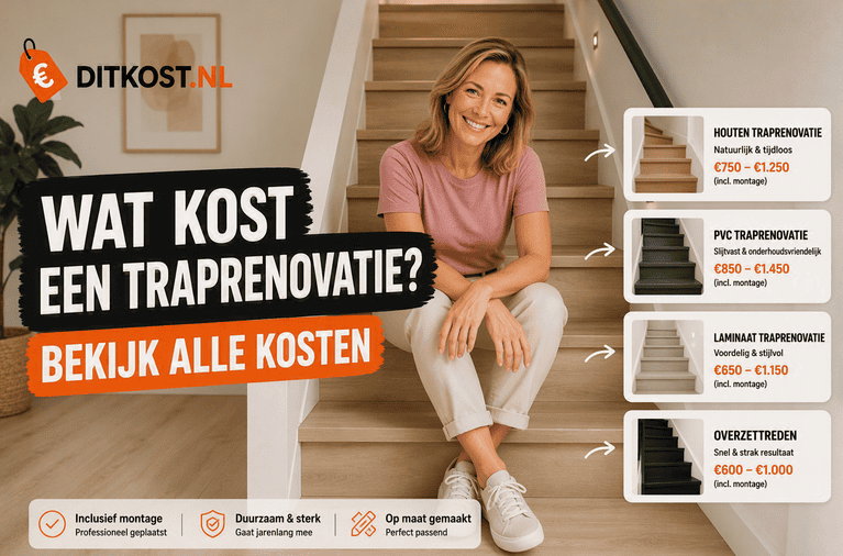Persoon zit op een gerenoveerde trap in een moderne woning met een overzicht van de kosten voor verschillende soorten traprenovaties.
