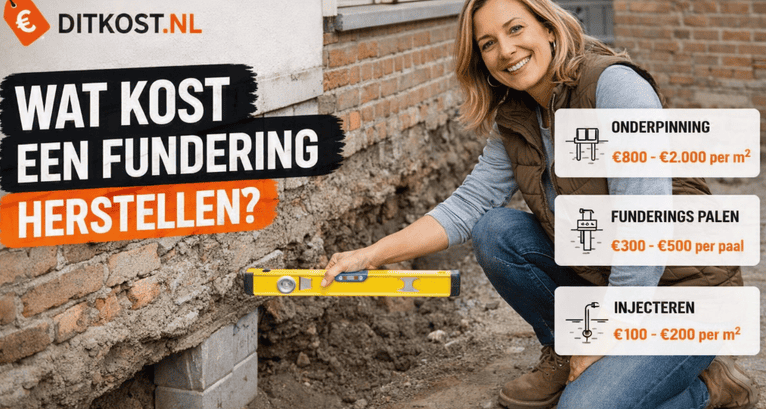 Sanne gehurkt bij een funderingsherstel‑locatie, met indicaties van verschillende herstelmethoden.