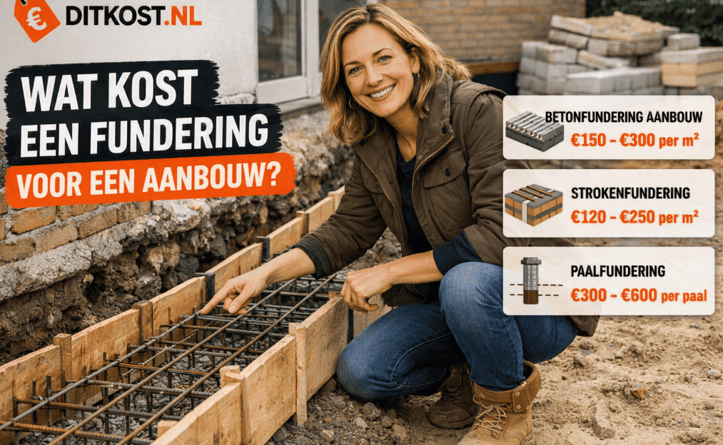 Sanne staat bij een uitgegraven funderingssleuf voor een aanbouw en wijst naar betonstaal, met kostenindicaties rechts.