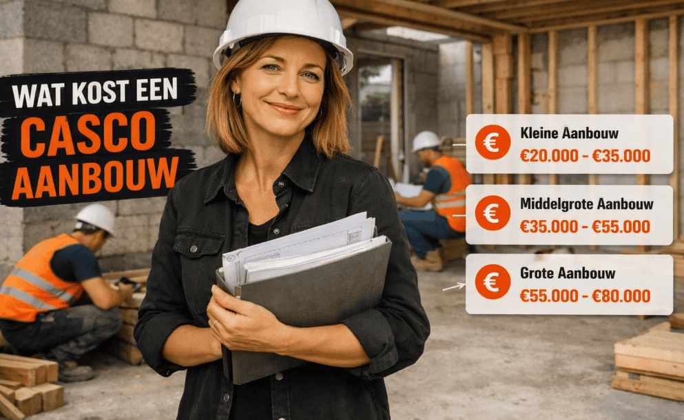 Sanne staat bij een casco aanbouw in aanbouw, met een bouwhelm op en een map met bouwtekeningen in haar hand. Links staat de titel “Wat kost een casco aanbouw” en rechts een kostenindicatie in drie niveaus. De achtergrond toont een realistische bouwlocatie met houten frames en een betonnen vloer.