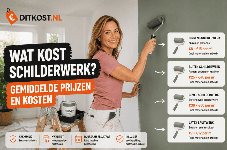 Persoon schildert een binnenmuur met een verfroller terwijl een overzicht van de gemiddelde kosten voor schilderwerk per vierkante meter wordt getoond.