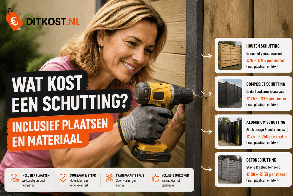 Persoon plaatst een schuttingpaneel en bevestigt een schroef aan een schuttingpaal, met een overzicht van de kosten inclusief materiaal en plaatsing.