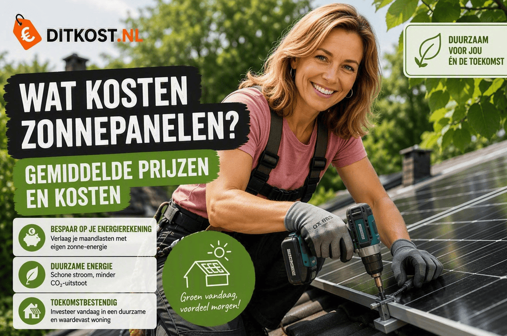 Persoon monteert zonnepanelen op een woningdak met duurzame groene elementen en informatie over zonne-energie.