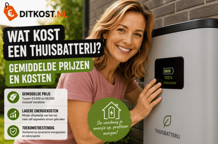 Sanne staat in close-up naast een thuisbatterij bij een woning, met informatie over de gemiddelde prijzen en kosten.