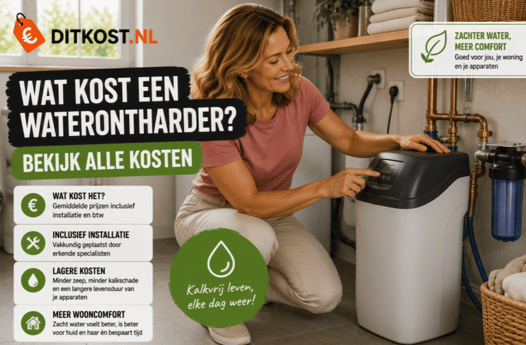 Sanne knielt naast een waterontharder en bedient het display terwijl de installatie en leidingen zichtbaar zijn in de technische ruimte van een woning.