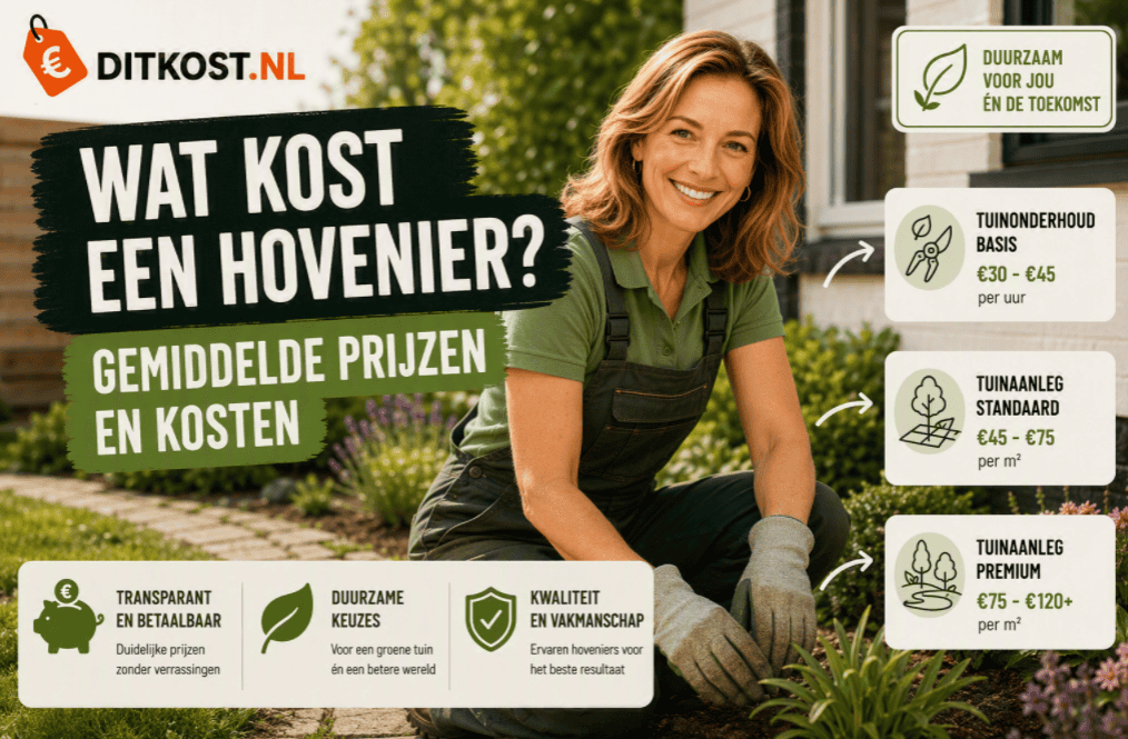 Hovenier aan het werk in een groene tuin met een overzicht van gemiddelde prijzen en kosten.