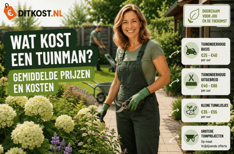 wat kost een tuinman. Tuinman aan het werk in een verzorgde achtertuin met overzicht van gemiddelde kosten en tarieven voor tuinonderhoud en tuinprojecten.