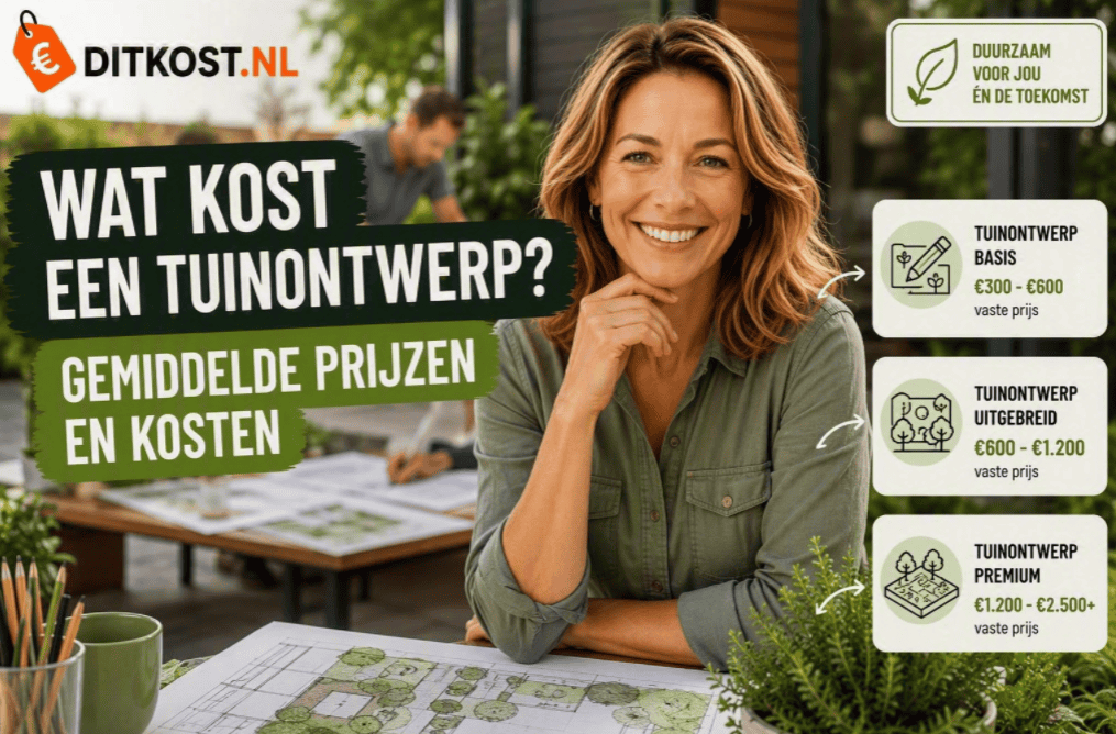 Persoon bekijkt een tuinontwerp aan tafel terwijl op de achtergrond een tuinontwerper aan een ontwerp werkt. Overzicht van gemiddelde prijzen voor een tuinontwerp.
